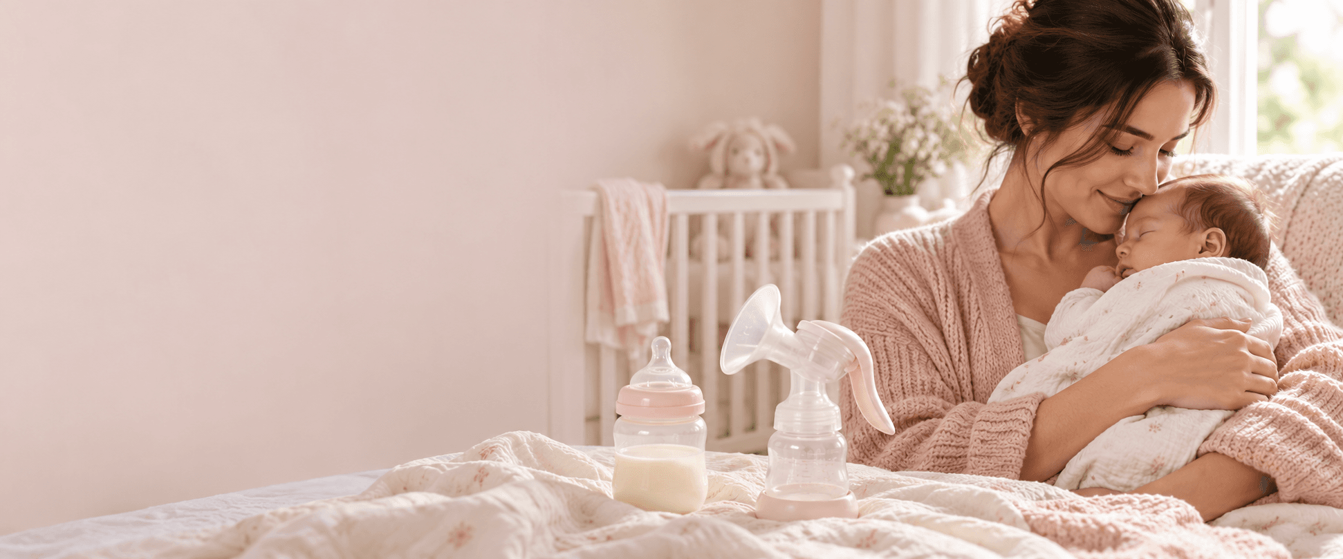 Mother gently holding a sleeping newborn with Pink Baby feeding essentials